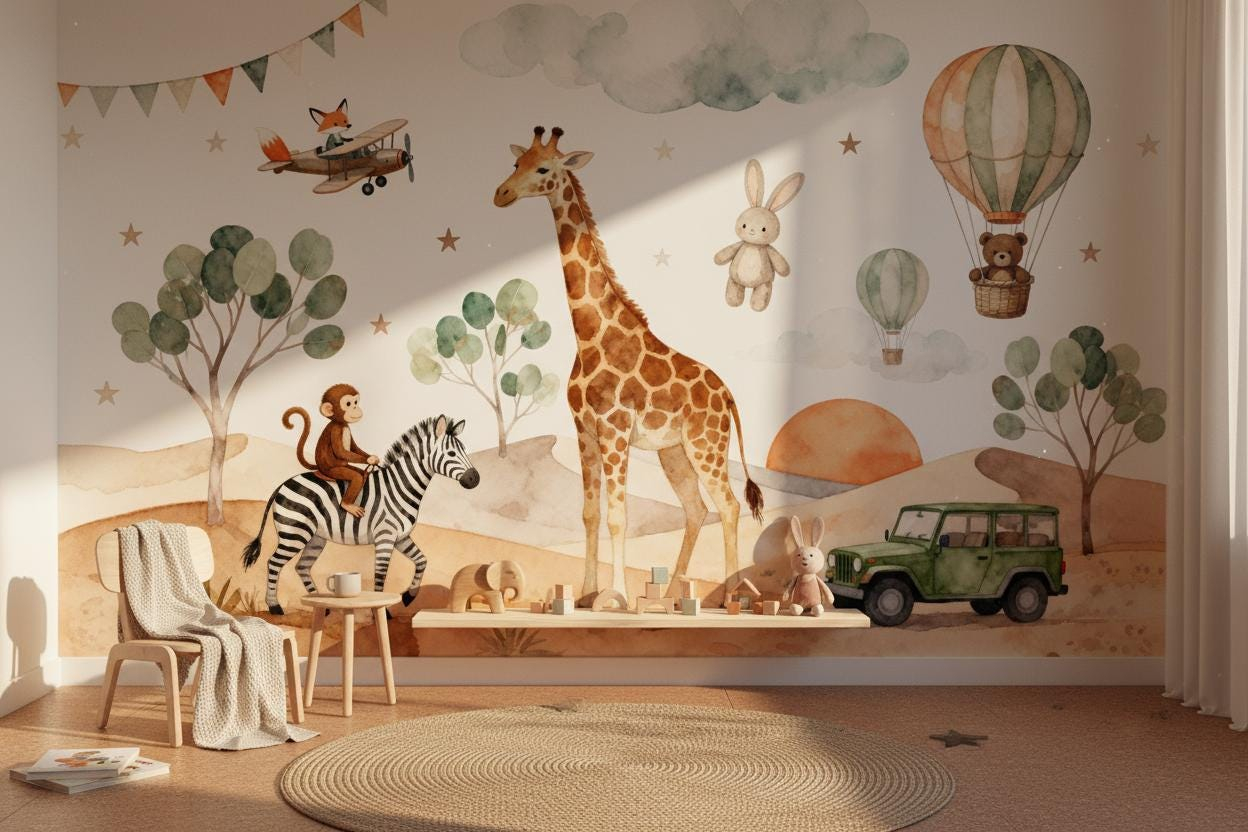 Baby Nursery Peel And Stick Wallpaper - Mural Dinding Hewan Kartun untuk Kamar