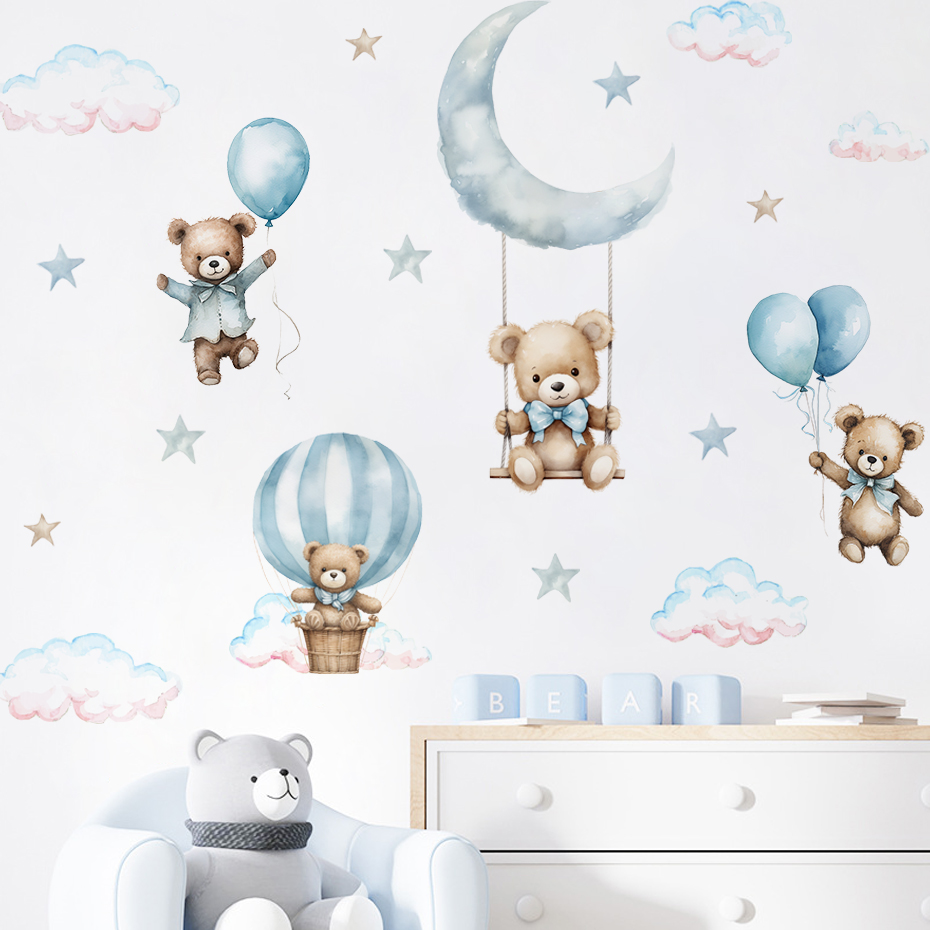 Baby Nursery Boy - Stiker dinding awan balon udara beruang