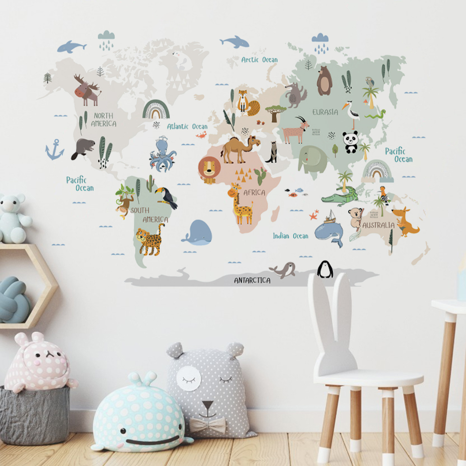 Baby Nursery Decor Girl - Stiker dinding peta dunia kartun cat